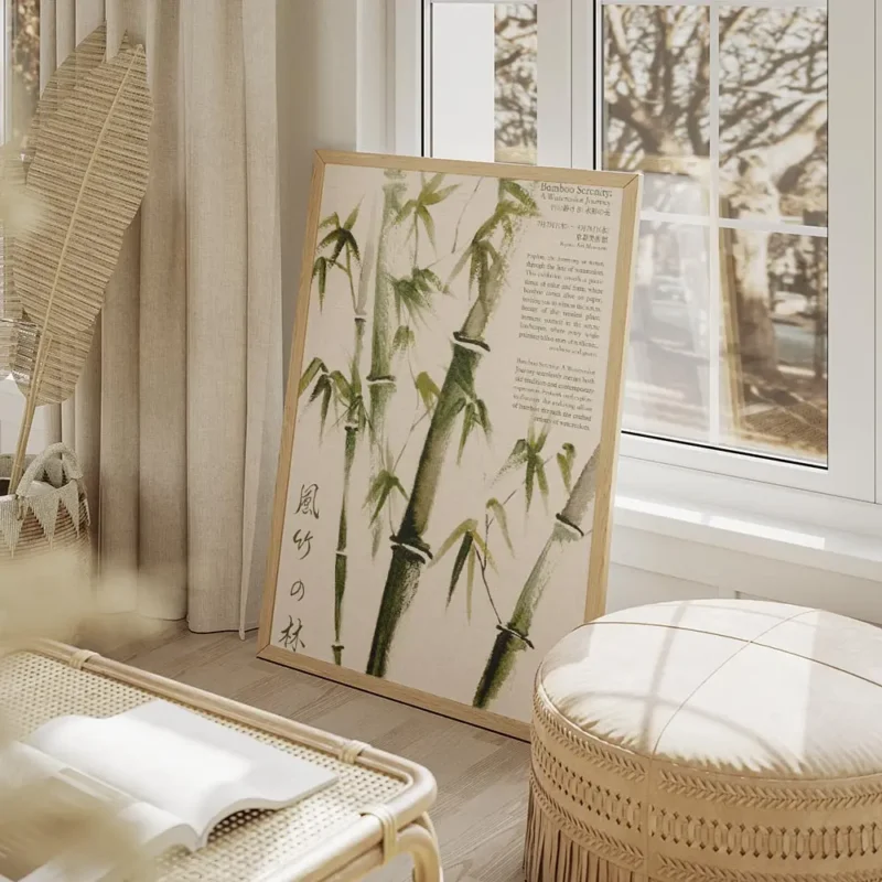 affiche de bambou peinte a la main dans un style traditionnel est asiatique util salon beige.webp