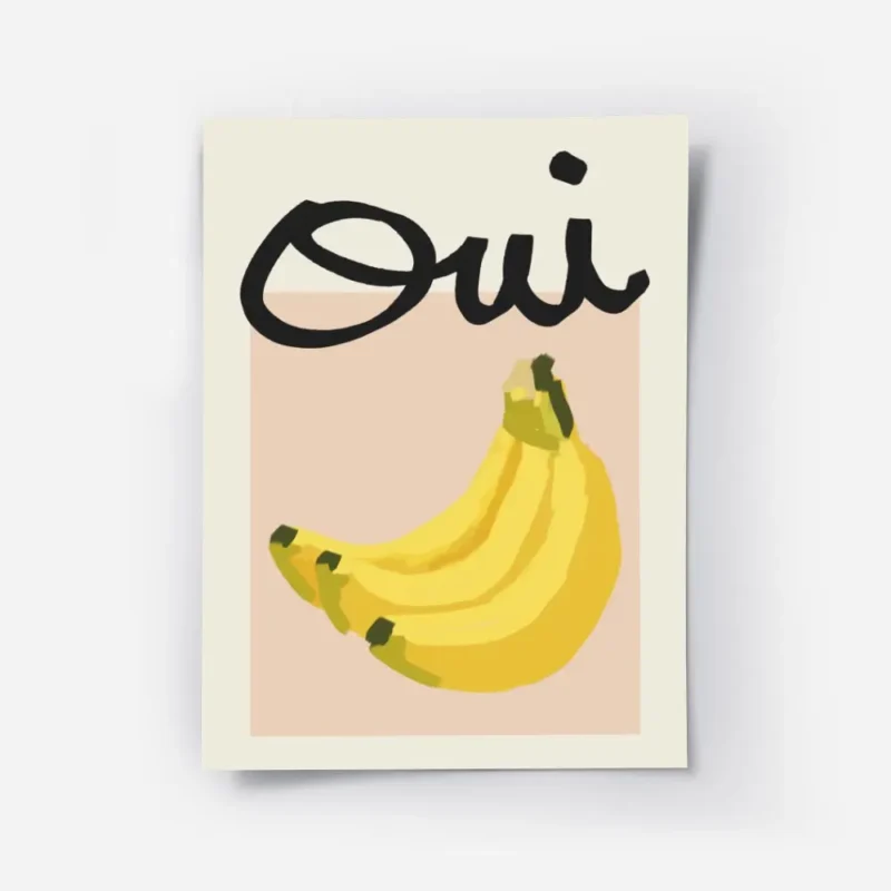 affiche de bananes jaunes sur carre rose et typographie noire oui sur fond beige.webp