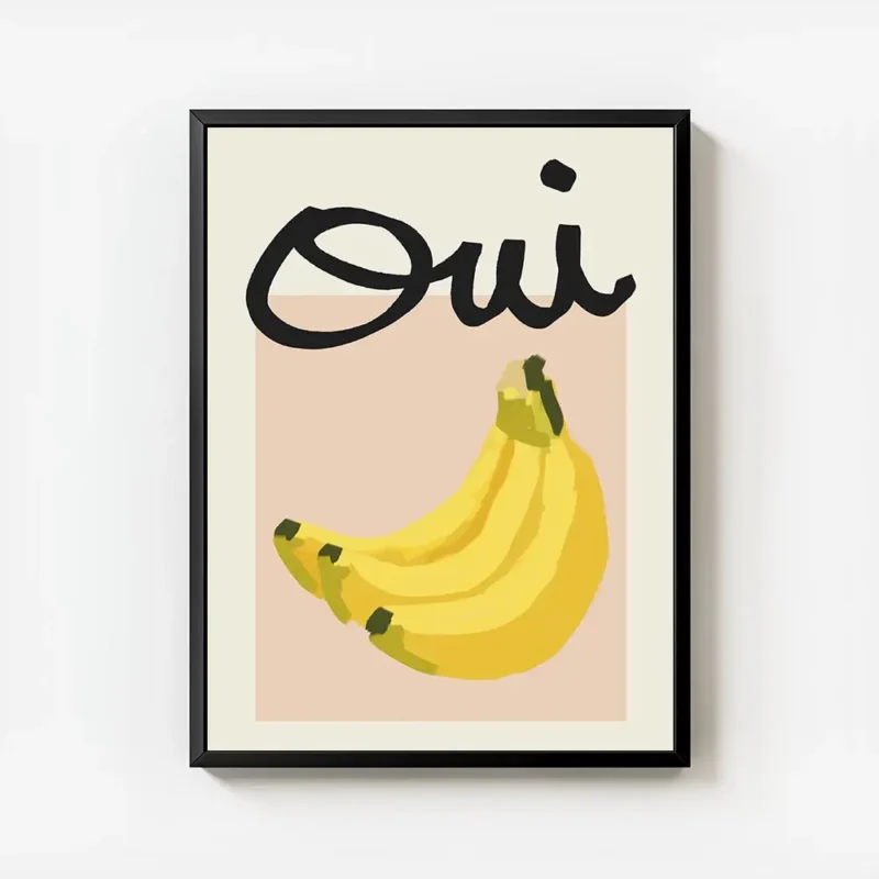 affiche de bananes jaunes sur carre rose et typographie noire oui sur fond beige avec cadre.webp