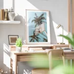 affiche de basket ball avec des palmiers sur un ciel bleu clair un style ludique bureau.webp