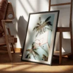 affiche de basket ball avec des palmiers sur un ciel bleu clair un style ludique encadre.webp