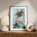 affiche de basket ball avec des palmiers sur un ciel bleu clair un style ludique meuble.webp