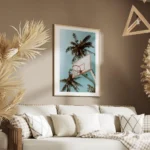 affiche de basket ball avec des palmiers sur un ciel bleu clair un style ludique salon.webp