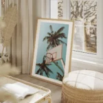 affiche de basket ball avec des palmiers sur un ciel bleu clair un style ludique salon beige.webp