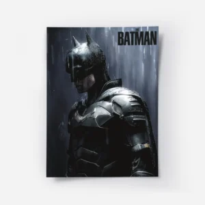 affiche de batman dans son batsuit noir sous une pluie battante avec le titre th.webp