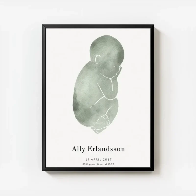 affiche de bebe vert dessine sur un fond gris clair avec du texte typographie pe avec cadre.webp