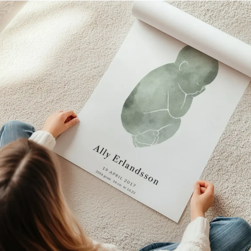 affiche de bebe vert dessine sur un fond gris clair avec du texte typographie pe en rouleau.webp