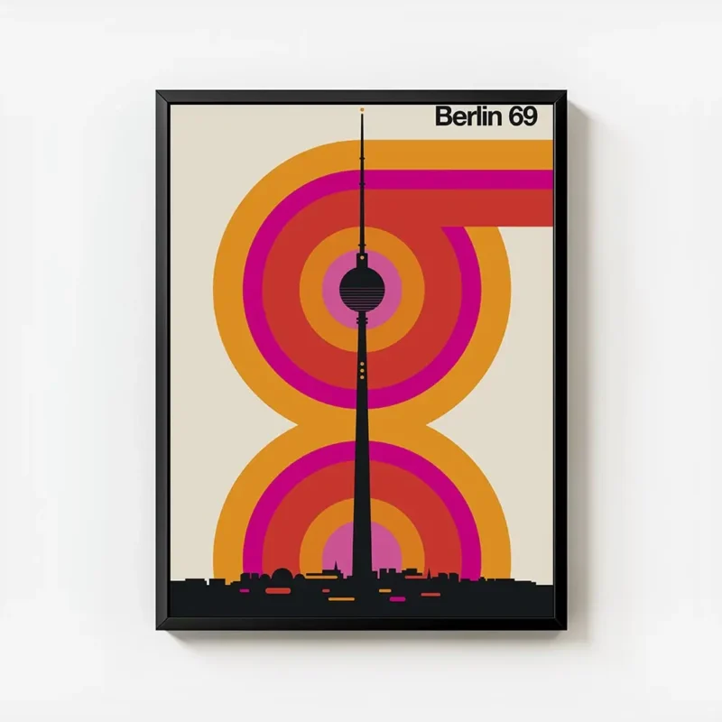 affiche de berlin avec la fernsehturm typographie retro et cercles concentriques avec cadre.webp