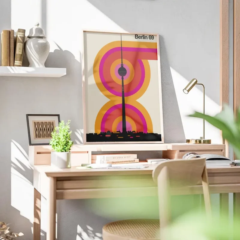 affiche de berlin avec la fernsehturm typographie retro et cercles concentriques bureau.webp