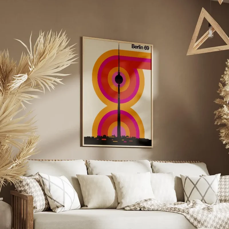 affiche de berlin avec la fernsehturm typographie retro et cercles concentriques salon.webp