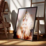 affiche de big ben au coucher du soleil avec des ailes de papillon mecaniques na encadre.webp