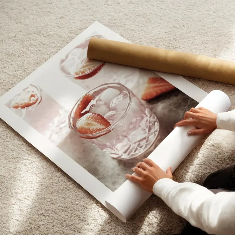 affiche de boisson rose avec des fraises et des glacons dans des verres sur une enroule.webp