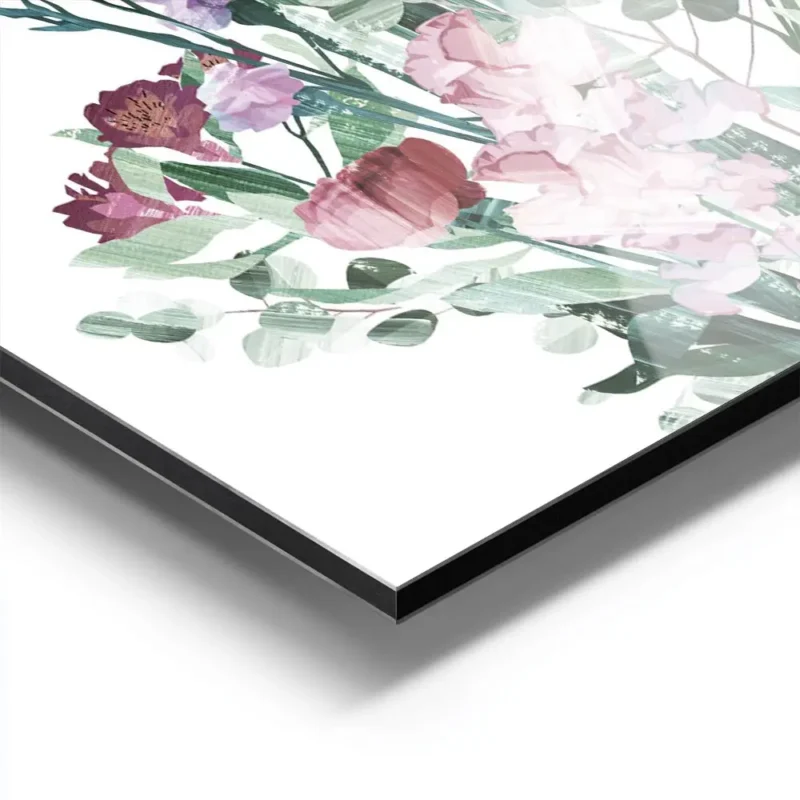 affiche de bouquet de fleurs aux tons pastel typographie graphique sur fond blan aluminium.webp