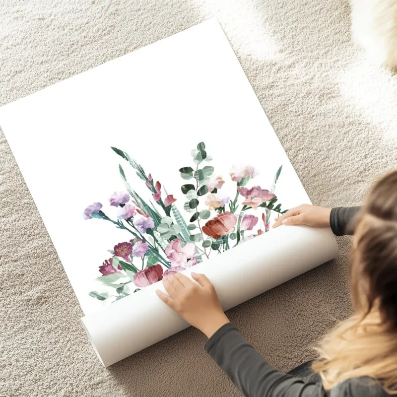 affiche de bouquet de fleurs aux tons pastel typographie graphique sur fond blan au sol.webp