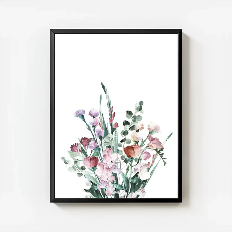 affiche de bouquet de fleurs aux tons pastel typographie graphique sur fond blan avec cadre.webp