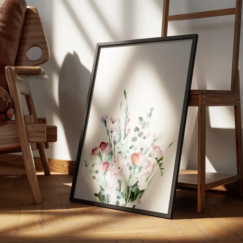 affiche de bouquet de fleurs aux tons pastel typographie graphique sur fond blan encadre.webp