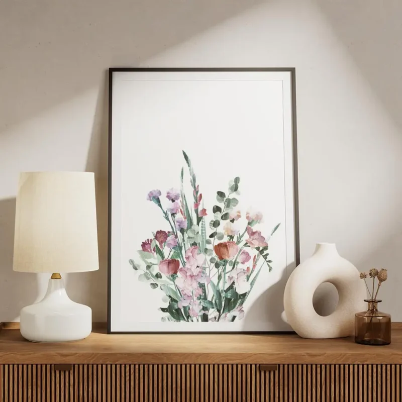 affiche de bouquet de fleurs aux tons pastel typographie graphique sur fond blan meuble.webp