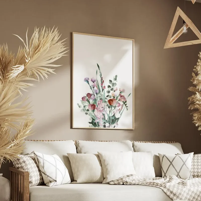 affiche de bouquet de fleurs aux tons pastel typographie graphique sur fond blan salon.webp
