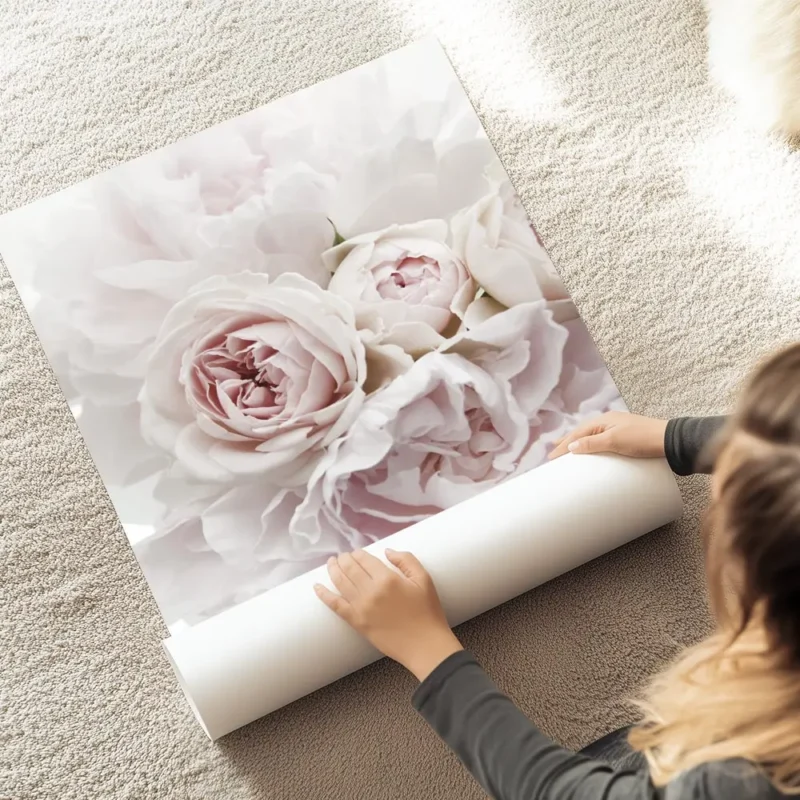 affiche de bouquet de pivoines et roses pales sur fond blanc mettant en valeur d au sol.webp
