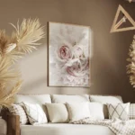 affiche de bouquet de pivoines et roses pales sur fond blanc mettant en valeur d salon.webp