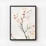 affiche de branches de prunier avec des fleurs blanches et rouges sur fond bleu avec cadre.webp