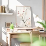 affiche de branches de prunier avec des fleurs blanches et rouges sur fond bleu bureau.webp