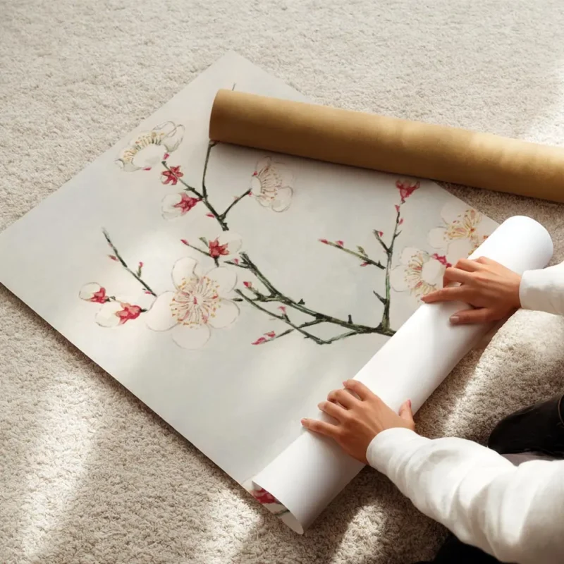 affiche de branches de prunier avec des fleurs blanches et rouges sur fond bleu enroule.webp