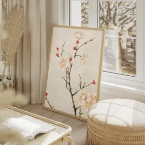 affiche de branches de prunier avec des fleurs blanches et rouges sur fond bleu salon beige.webp