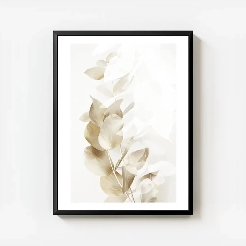 affiche de branches deucalyptus dorees et blanches sur un fond beige clair avec avec cadre.webp