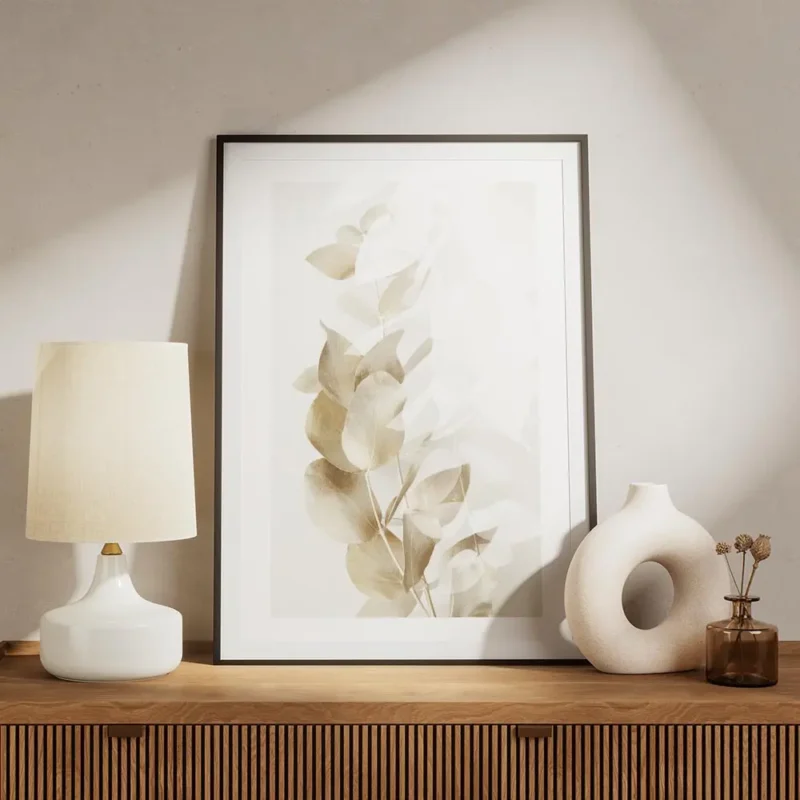affiche de branches deucalyptus dorees et blanches sur un fond beige clair avec meuble.webp