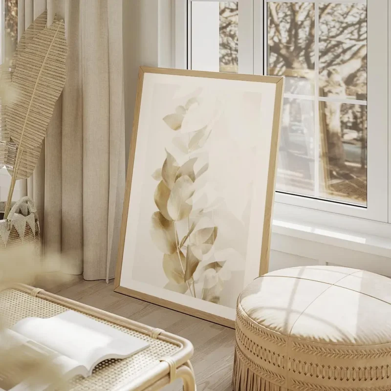 affiche de branches deucalyptus dorees et blanches sur un fond beige clair avec salon beige.webp