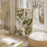 affiche de branches dolivier vert olive avec fruits un gros plan realiste de la salon beige.webp