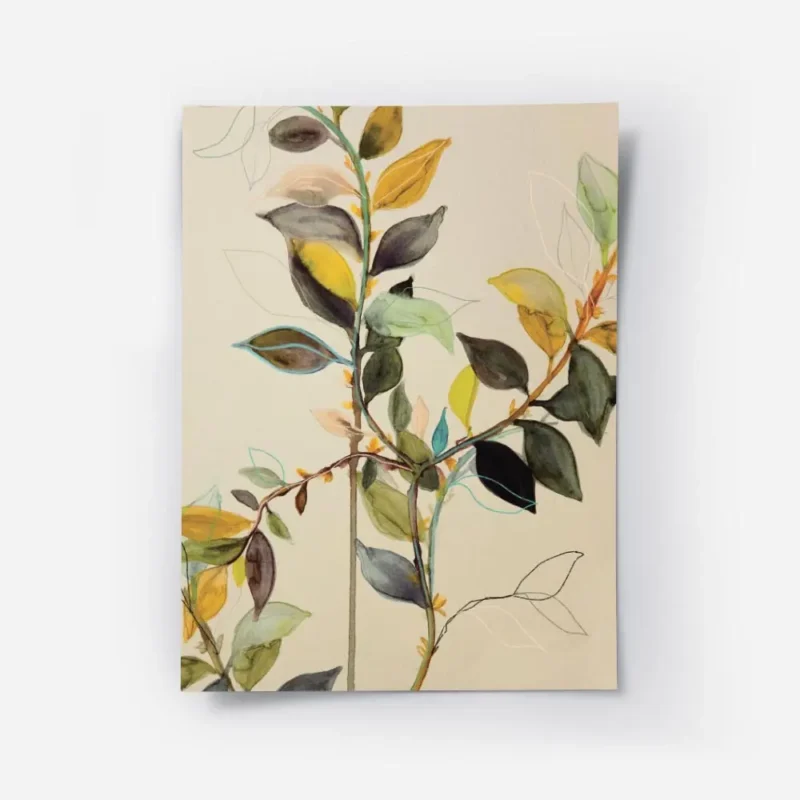 affiche de branches et de feuilles vertes jaunes et marron sur fond beige typogr.webp
