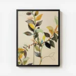 affiche de branches et de feuilles vertes jaunes et marron sur fond beige typogr avec cadre.webp