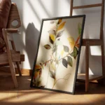 affiche de branches et de feuilles vertes jaunes et marron sur fond beige typogr encadre.webp