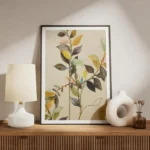 affiche de branches et de feuilles vertes jaunes et marron sur fond beige typogr meuble.webp