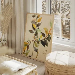 affiche de branches et de feuilles vertes jaunes et marron sur fond beige typogr salon beige.webp