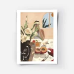 affiche de brunch ensoleille avec une femme des lys des peches et des pommes sur.webp
