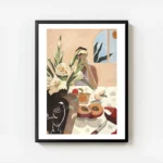 affiche de brunch ensoleille avec une femme des lys des peches et des pommes sur avec cadre.webp