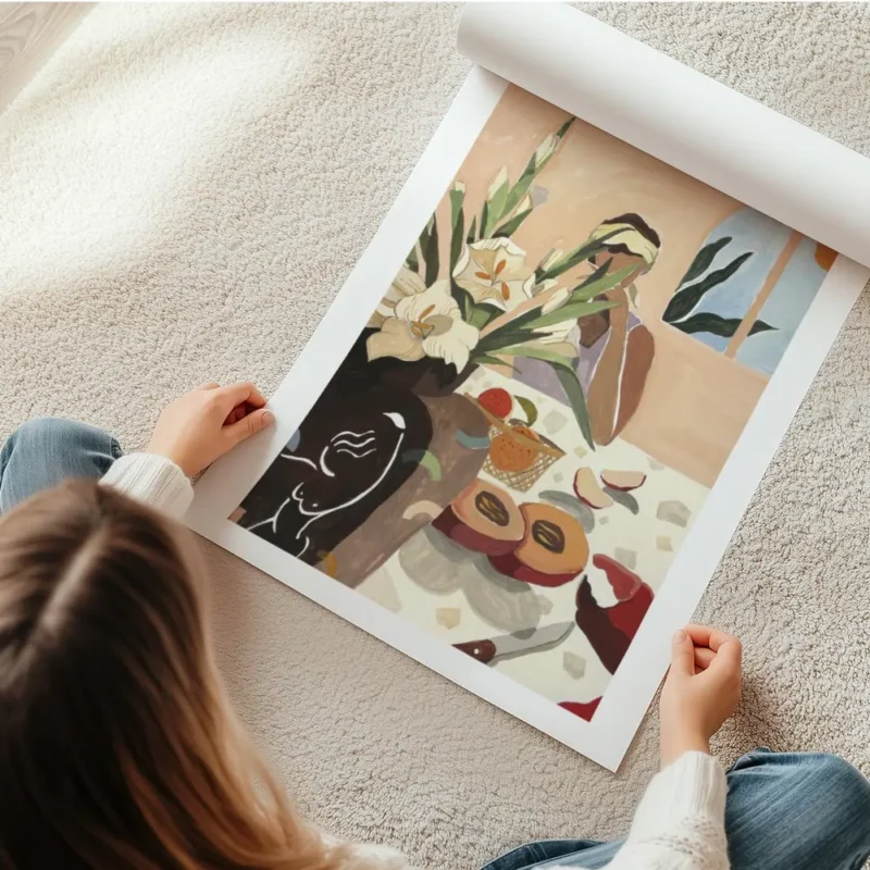 affiche de brunch ensoleille avec une femme des lys des peches et des pommes sur en rouleau.webp