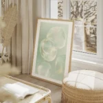 affiche de bulles holographiques sur fond vert menthe aux couleurs pastel pour u salon beige.webp