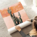 affiche de cactus vert fonce devant un mur couleur terre cuite rosee au sol.webp