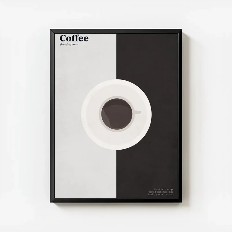 affiche de cafe graphique avec tasse et texte en noir et blanc sur fond gris et avec cadre.webp