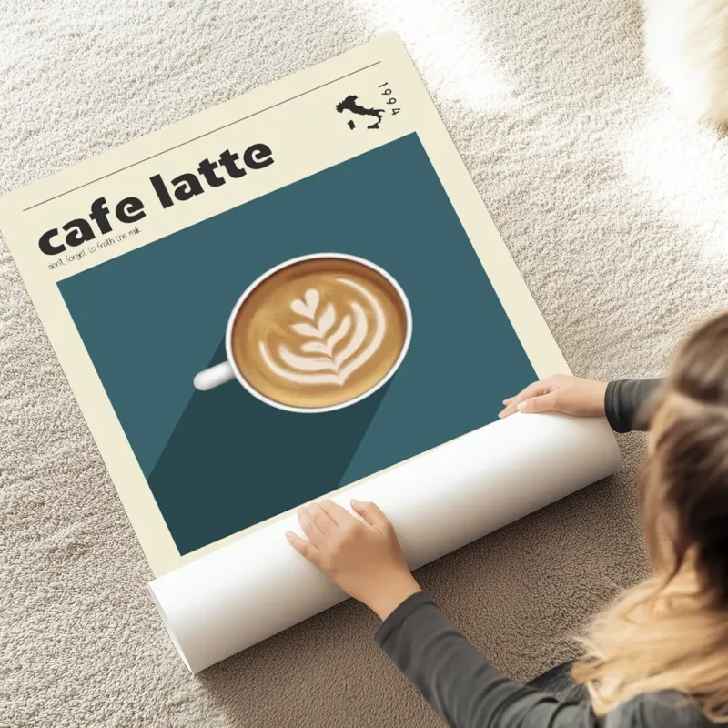 affiche de cafe latte avec motif de c urs sur fond bleu texte cafe latte et cart au sol.webp