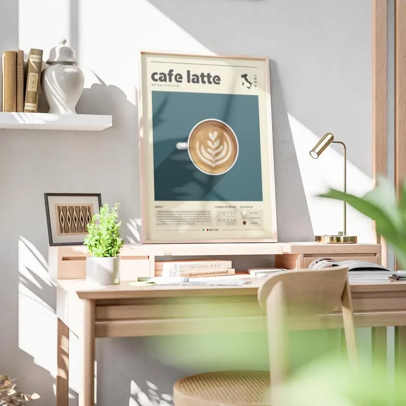 affiche de cafe latte avec motif de c urs sur fond bleu texte cafe latte et cart bureau.webp