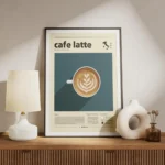 affiche de cafe latte avec motif de c urs sur fond bleu texte cafe latte et cart meuble.webp