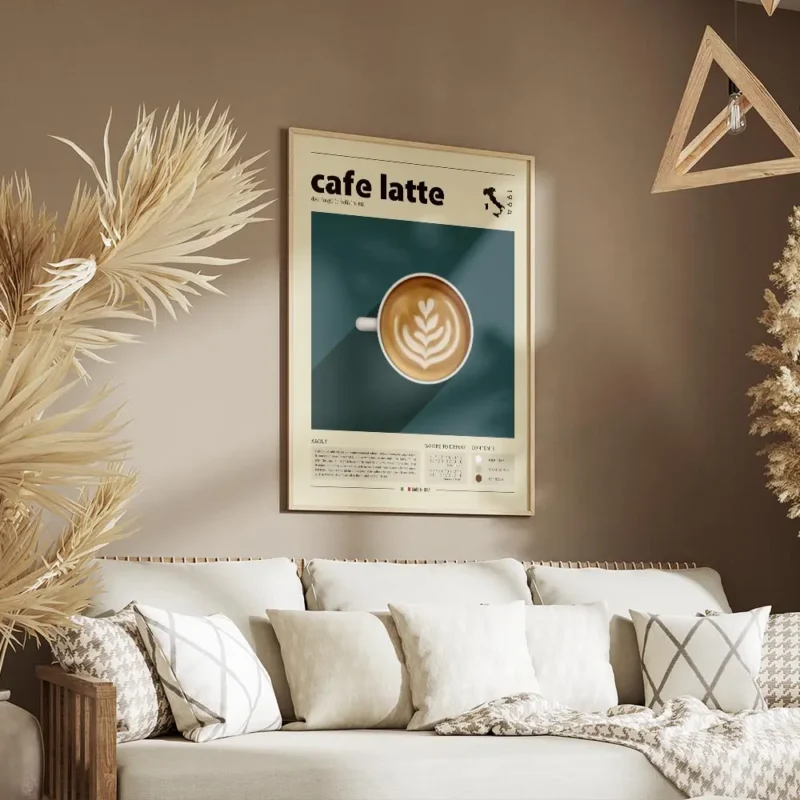 affiche de cafe latte avec motif de c urs sur fond bleu texte cafe latte et cart salon.webp