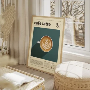 affiche de cafe latte avec motif de c urs sur fond bleu texte cafe latte et cart salon beige.webp