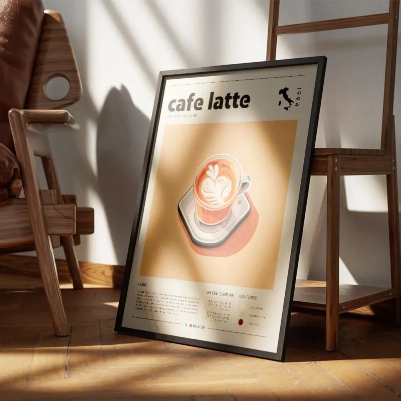 affiche de cafe latte avec typographie et infographie sur la boisson au lait encadre 1.webp