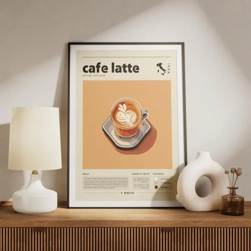 affiche de cafe latte avec typographie et infographie sur la boisson au lait meuble 1.webp